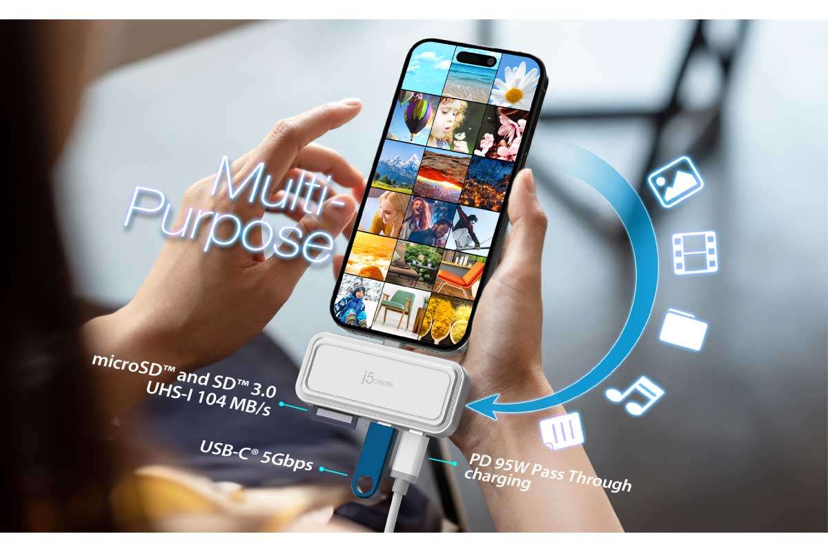 j5create【直付けUSB-C to USB-C/PD/microSD/SD 4in1 マルチアダプター JCH167W】USB Type-Cスマホを直接接続して機能を拡張、ワークステーション化を実現するアダプタ