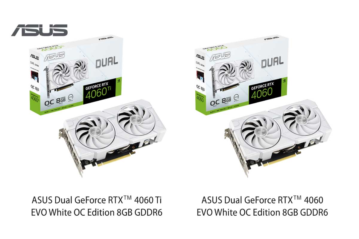 ASUS【DUAL-RTX4060TI-O8G-EVO-WHITE】【DUAL-RTX4060-O8G-EVO-WHITE】GeForce RTX 4060 Ti/4060を搭載のビデオカードのホワイトカラーモデル