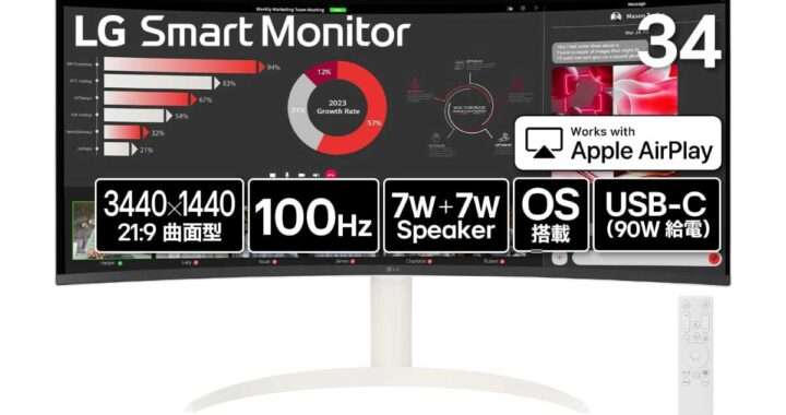 【LG 34SR63QA‑W】34型・UWQHD・曲面1800RのwebOS搭載ウルトラワイドスマートモニターがAmazonにて22%OFFの49,800円