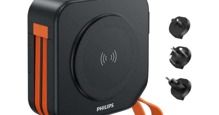 【Philips DLP4347CB】10,000mAh・最大22.5W出力・20W PD急速充電・15Wワイヤレス充電・USB‑C & Lightning ケーブル内蔵・折りたたみ式ACプラグ搭載・液晶ディスプレイ表示を備えたモバイルバッテリーがAmazonにて6,319円