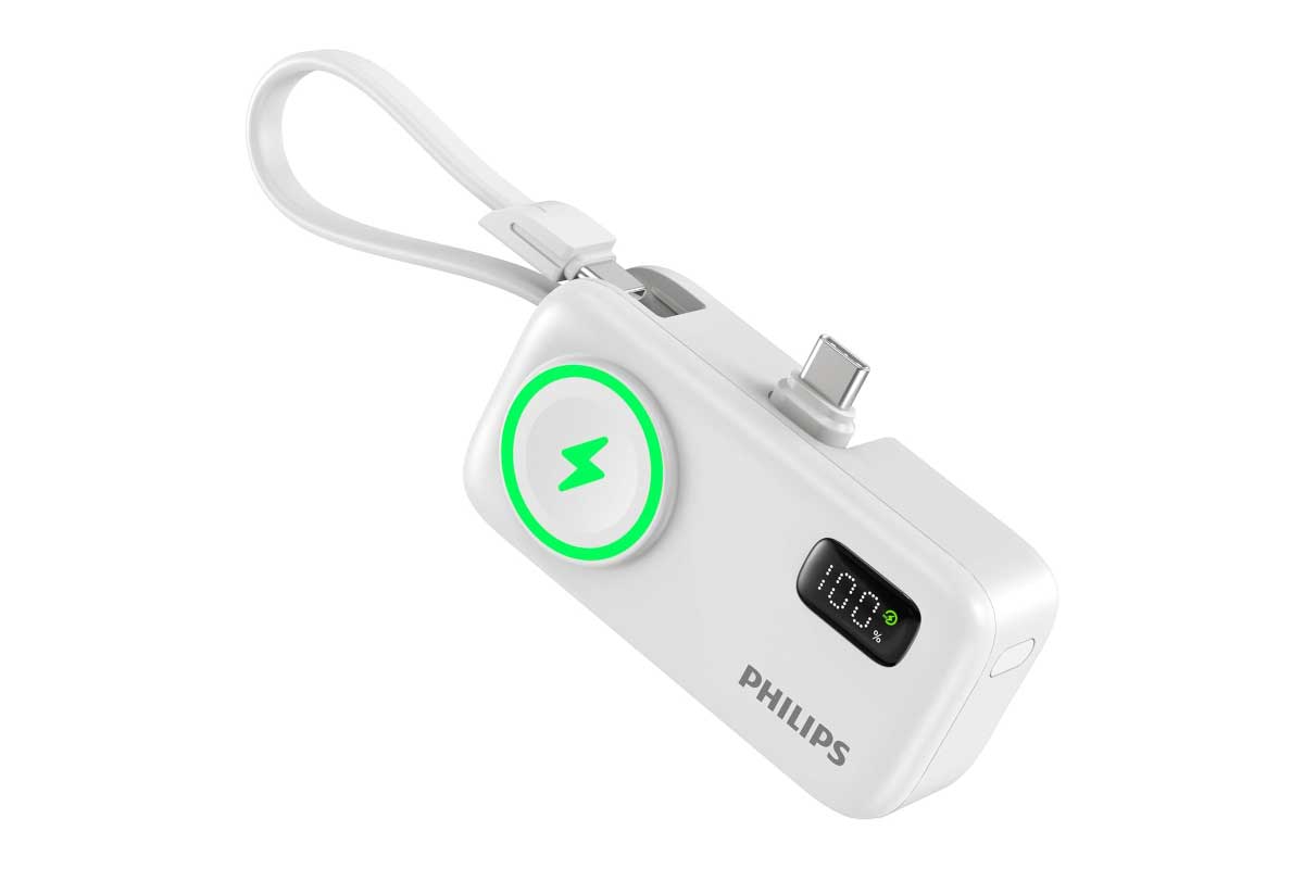【Philips DLP2557】5000mAh・Lightning端子/USB‑Cケーブル内蔵・最大22.5W急速充電・Apple Watch用2.5Wワイヤレス充電・液晶ディスプレイ搭載の小型多機能モバイルバッテリーがAmazonにて15%OFFの3,382円
