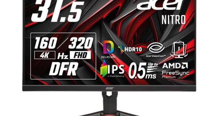 【Acer Nitro XV320QKV4bmiiprx】31.5型・4K解像度に対応し、4K/160HzとFHD/320Hzを切り替えて使える可変リフレッシュレート技術を搭載したゲーミングモニターがAmazonにて7%OFFの69,990円