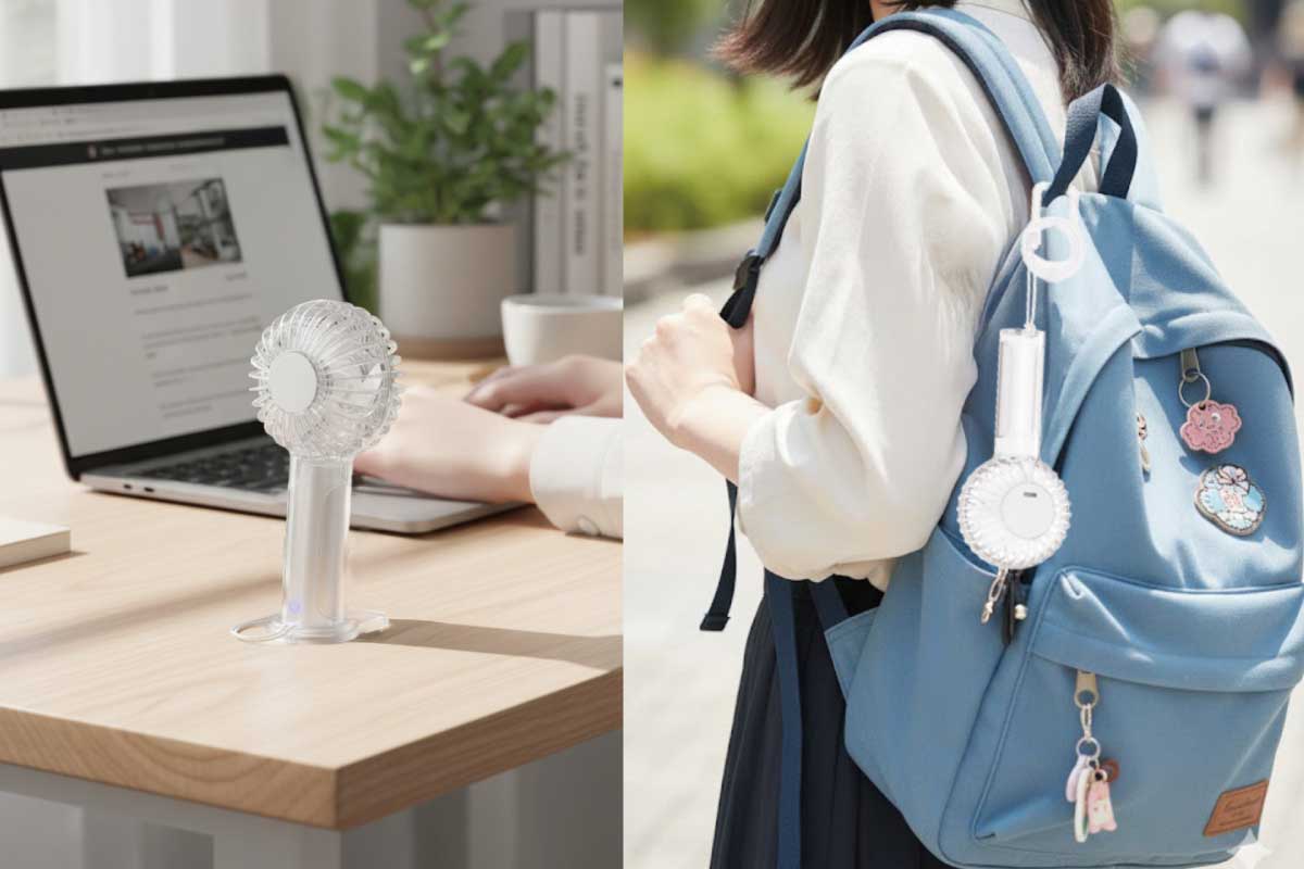 ドウシシャ「ツインブレード クリアハンディファン+」カラビナストラップがついて持ち運びがしやすく、2つのモーターと2枚の羽根を組み合わせた二重反転ファン構造を採用しコンパクトサイズながら従来比約140％の風速を実現したハンディファン