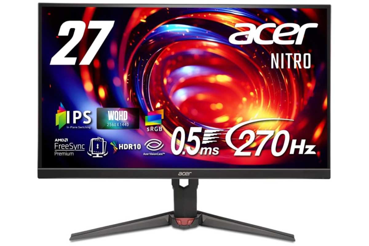 【Acer NITRO XV0 XV270UZ1bmiiprx】27型WQHD解像度と最大270Hzリフレッシュレート、0.5ms応答、IPSパネル、AMD FreeSync Premium、HDR10対応を備えたゲーミングモニターがAmazonにて5%OFFの34,100円