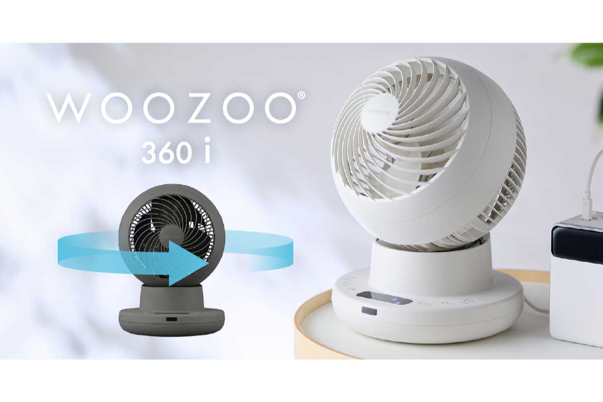 アイリスオーヤマ【WOOZOO 360 i】室温の変化を自動検知して最適な送風角度と運転を行う「室温連動モード」を新搭載し、左右360度・上下90度の全方位首振りによる空気循環、USB Type‑C給電対応、工具不要のフル分解洗浄など、快適性・省エネ性・メンテナンス性を高い次元で両立したサーキュレーター