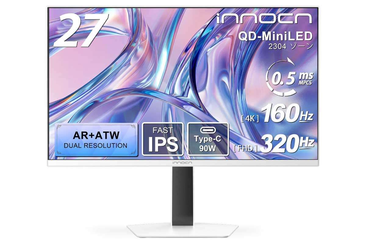 【INNOCN GA27V1M MAX】27型のQD Mini LEDパネルと2304ゾーンローカルディミング、4K 160Hz/FHD 320Hzデュアルモード、AR＋ATW技術、USB-C 90W給電やUSBハブ機能などを1台に統合した、ゲーミングとクリエイティブの両方を本気でこなすためのハイエンドモニターがAmazonにて9%OFFの90,844円