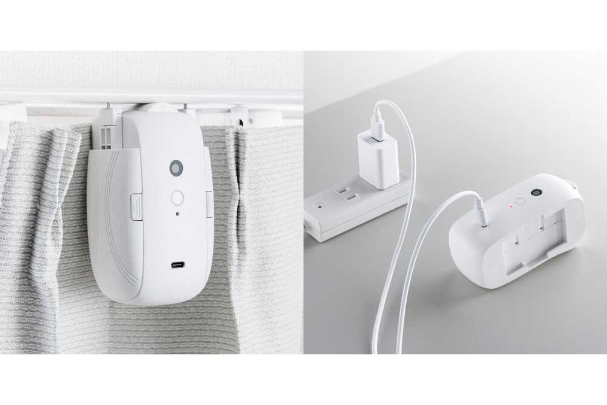 サンワサプライ【スマートカーテン 400-SSA008】既存のU型カーテンレールに後付けするだけでカーテンの自動開閉を実現し、スマートフォンアプリ「Sanwa Connect」による遠隔操作・タイマー設定・温度/光度センサー連動など、多彩なスマート機能を備えたUSB充電式のスマートカーテンロボット