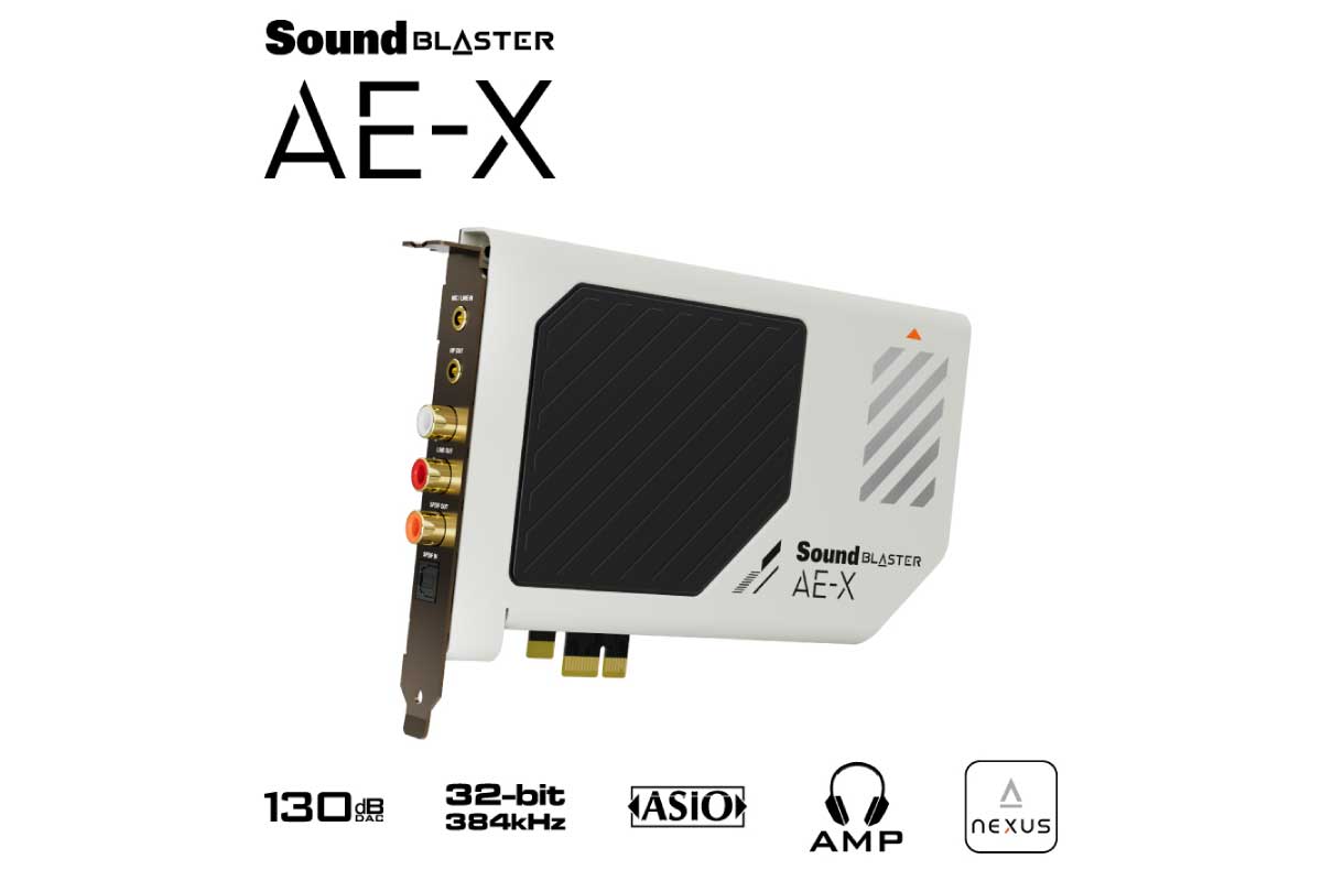 クリエイティブ【Sound Blaster AE-X】ESS SABRE「ES9039Q2M」DAC とディスクリート構成のヘッドホンバイアンプを搭載し、最大 32bit/384kHz 再生や 130dB SNR を実現した、PCI‑e 接続のハイレゾ対応サウンドカード