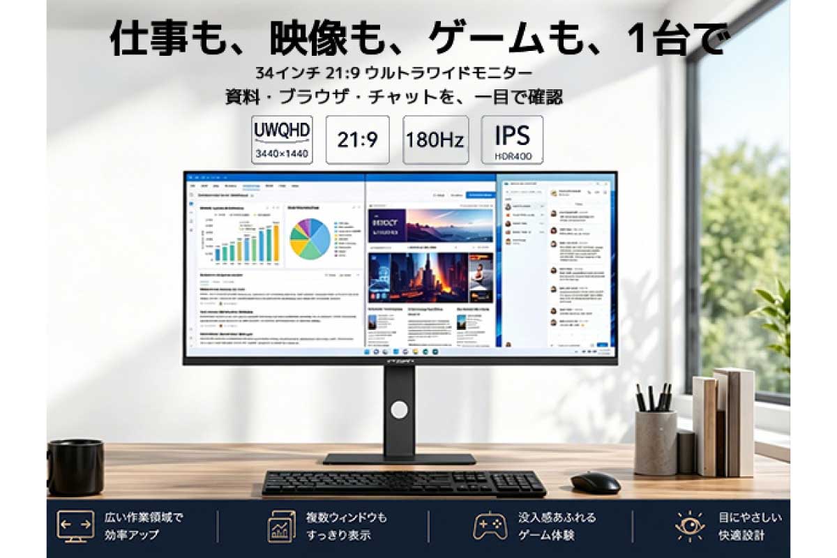 INNOCN【34C1R】34型のウルトラワイドIPSパネルを採用し、3440×1440の高解像度と最大180Hzリフレッシュレートを兼ね備えた、仕事とゲームの両方を快適にこなすオールラウンドモニター